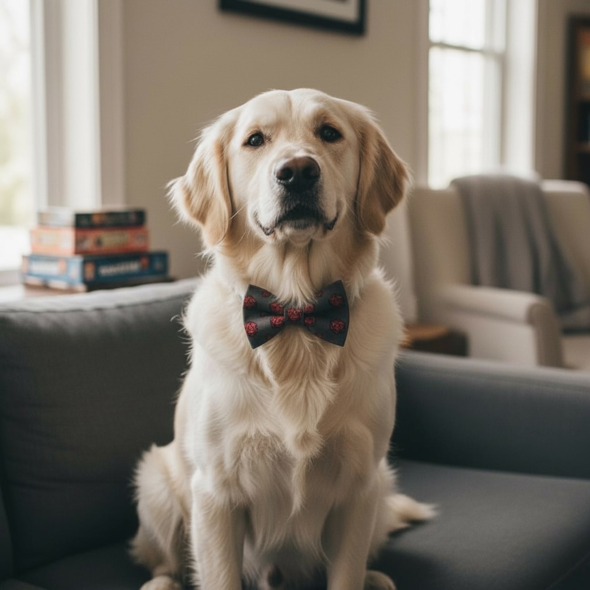 Dog wearing a DND dog bow tie sitting on a couch in a living room.