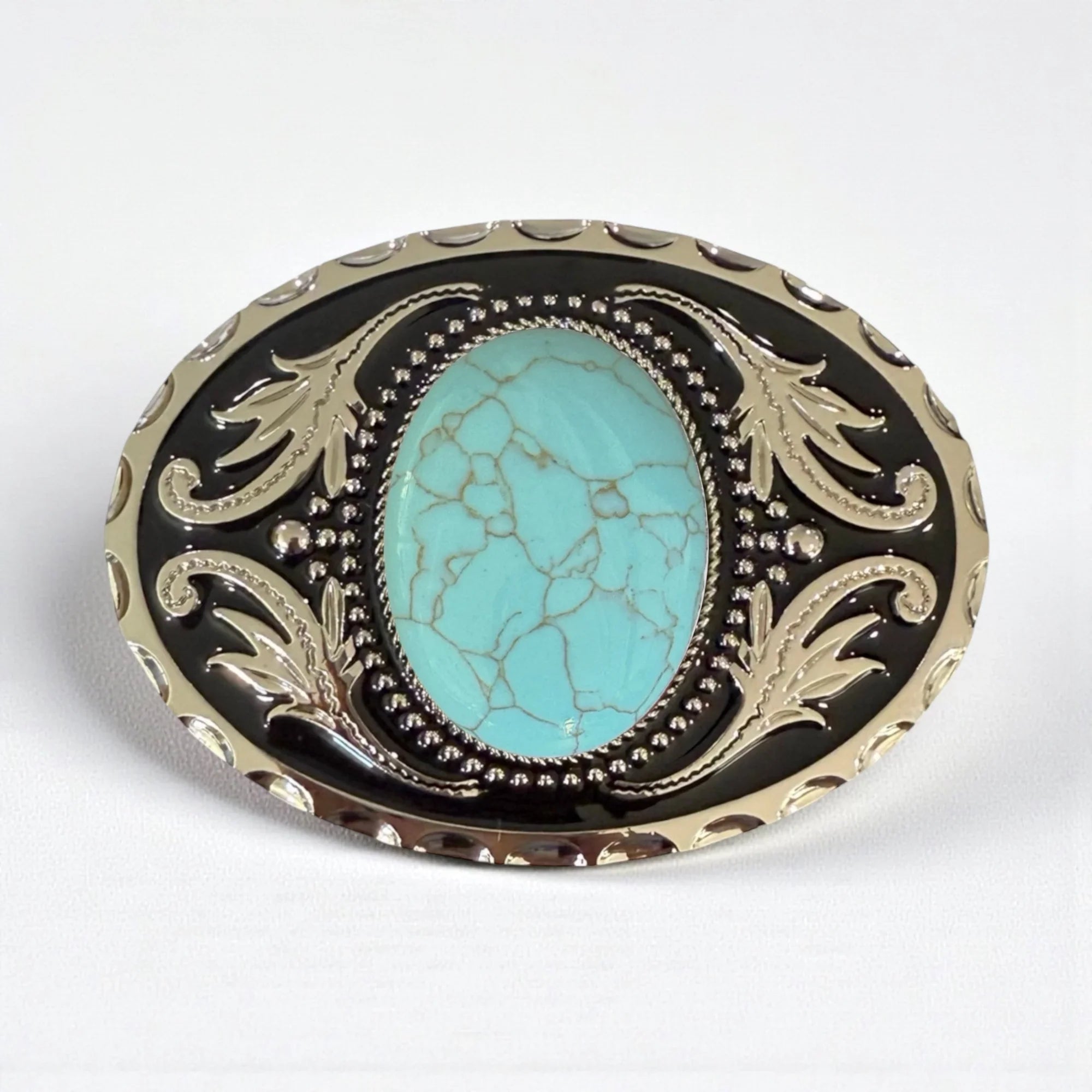Turquoise Belt buckle with turquoise stone and silver detailing on a white background