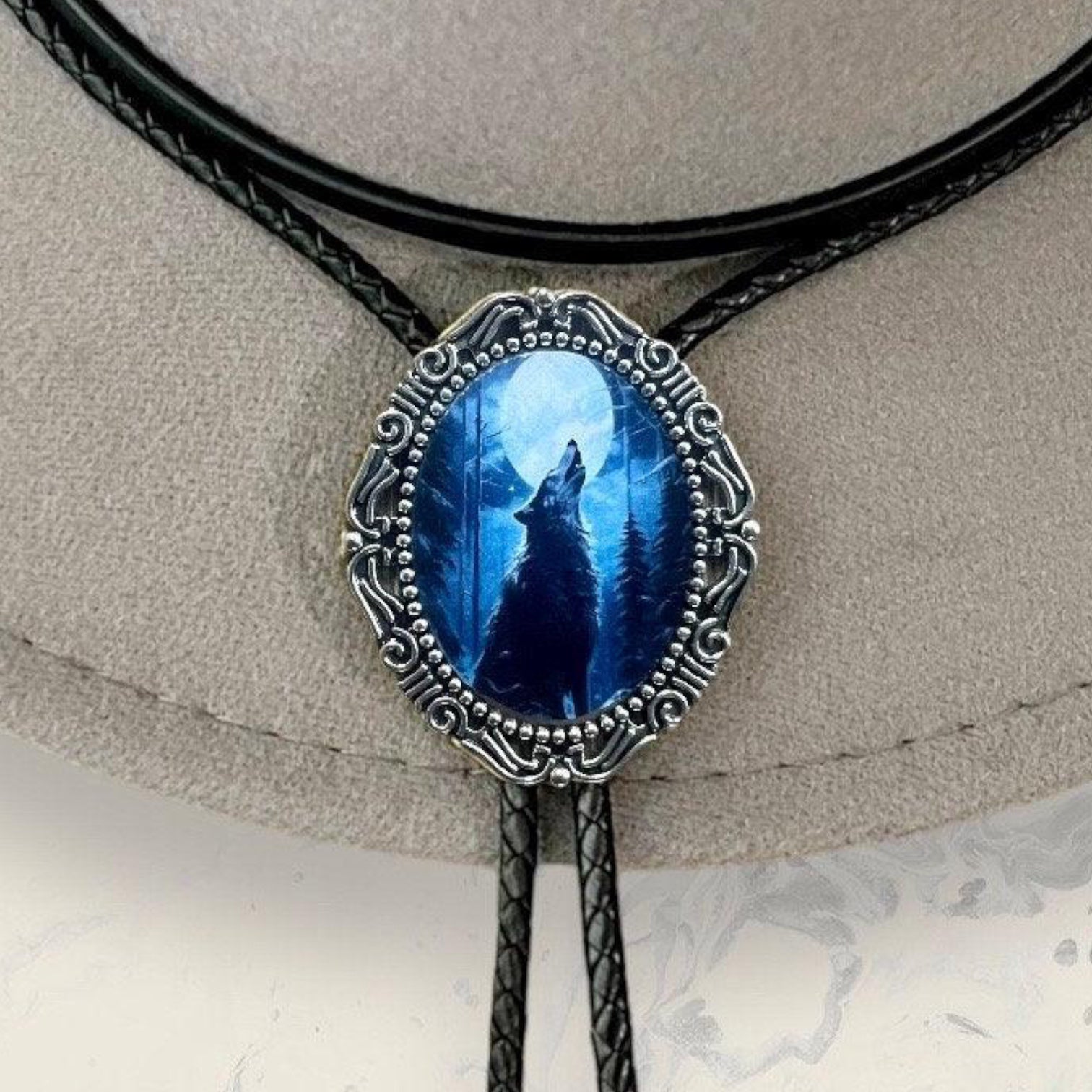 Bolo Tie- w/ Wolf & Moon Cowboy String Tie