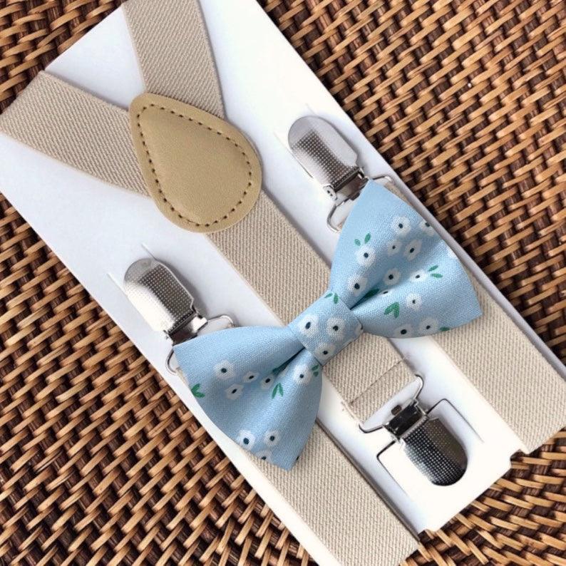 Size chart for suspender and bow tie sets from The Bold Bow Tie. Small (6mo-6yr): 18"-29" suspenders, 3.5" bow. Medium (7-12yr): 25.5"-40" suspenders, 4" bow. Adult (13yr-6ft tall): 25.5"-40" suspenders, 4.5" bow. Big & Tall (Over 6ft tall): 31"-53" suspenders, 4.5" bow. Instructions note to measure from the back waistband over the shoulder to the front waistband for a comfortable fit.