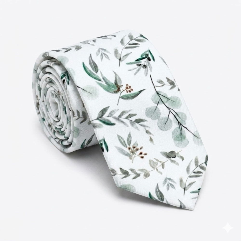 Floral tie for men displayed on a white background with sage green greenery.