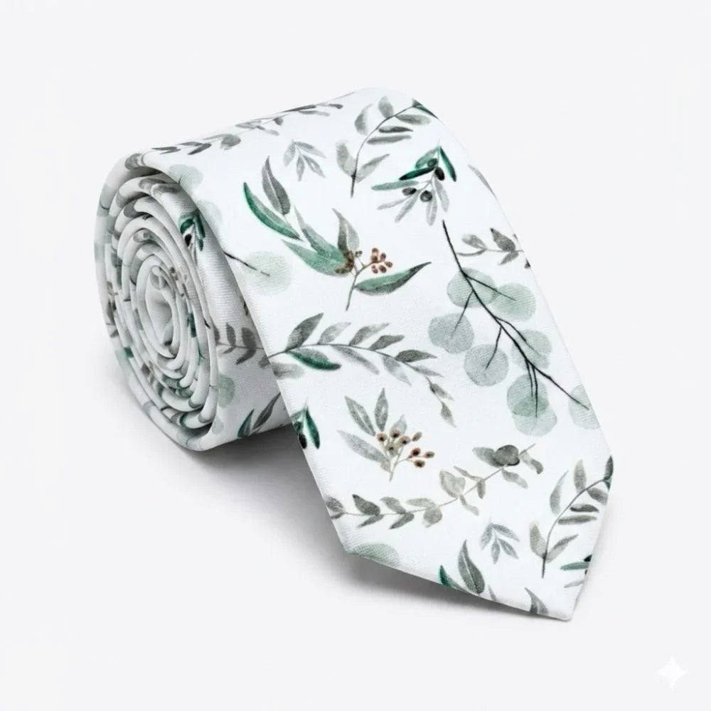 Floral tie for men displayed on a white background with sage green greenery.