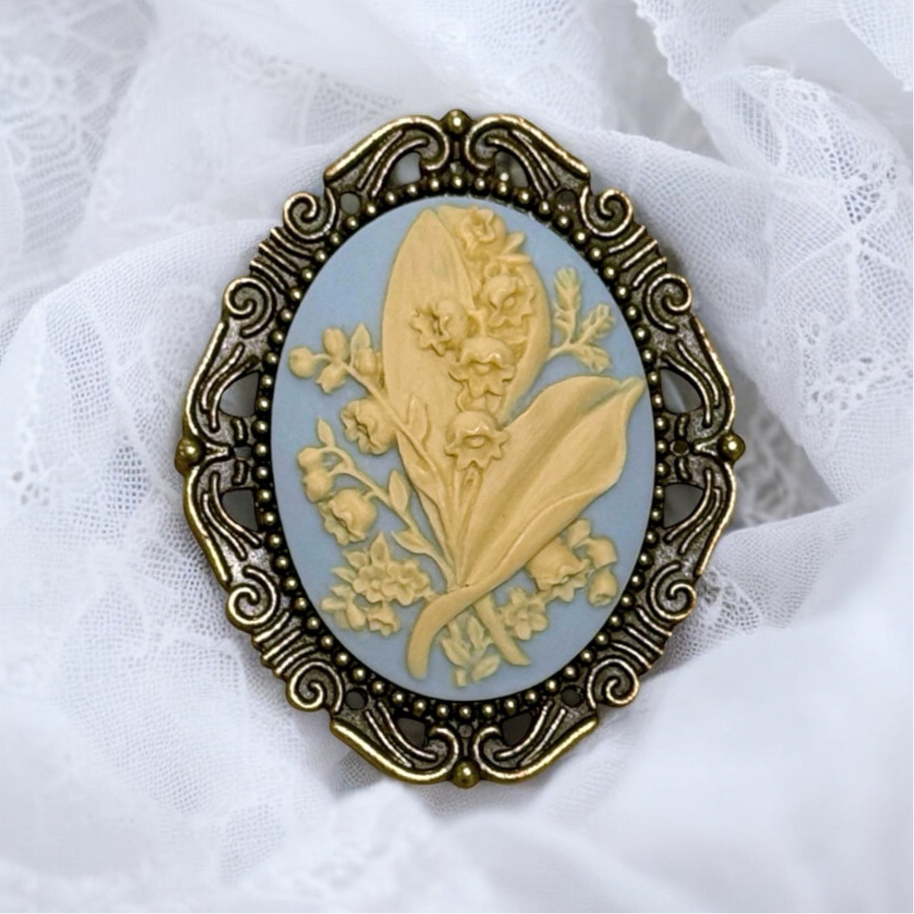 Lily of the Valley Brooch, Light Blue May Flower Cameo Brooch