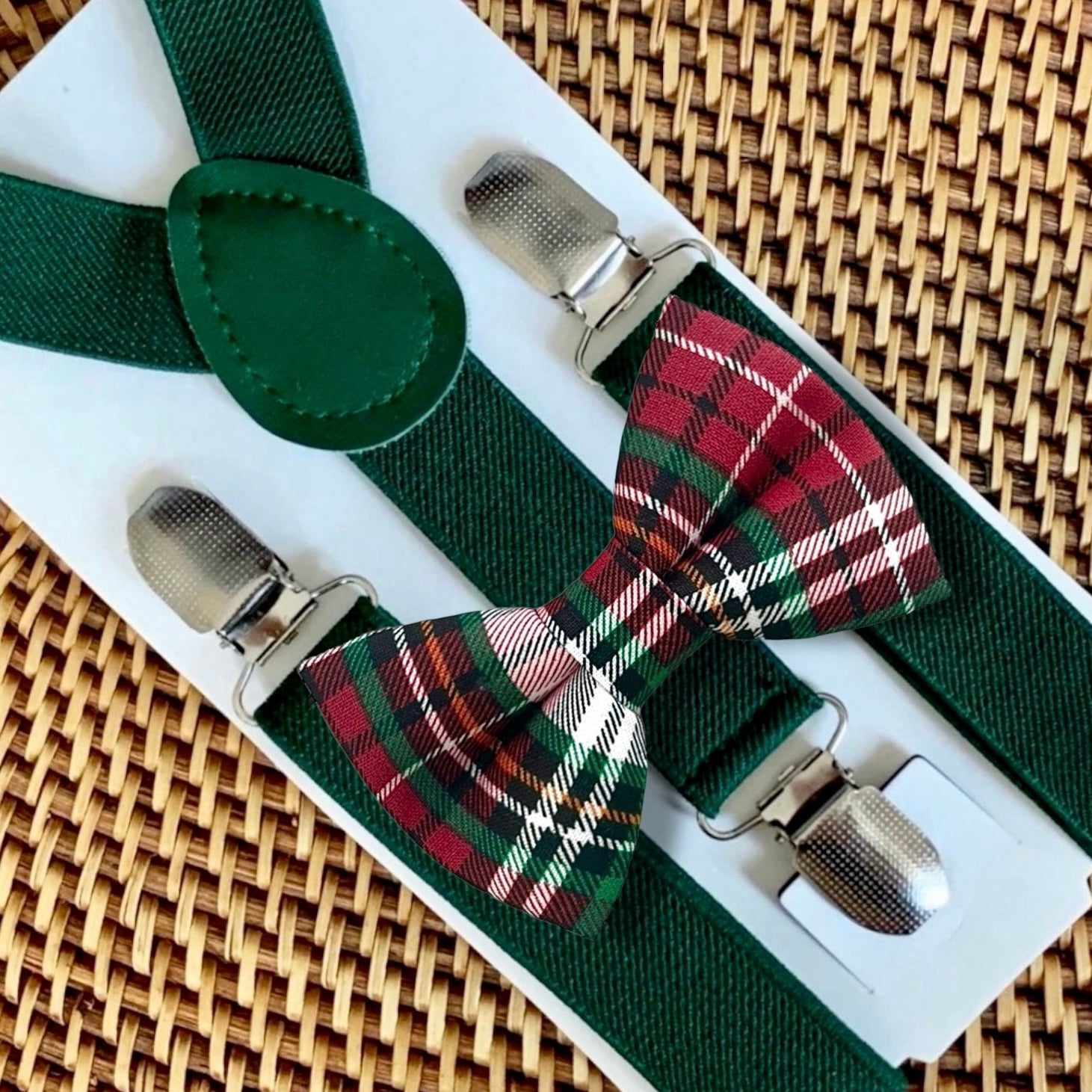 Plaid Christmas Bow Tie & Emerald Green Suspenders Set