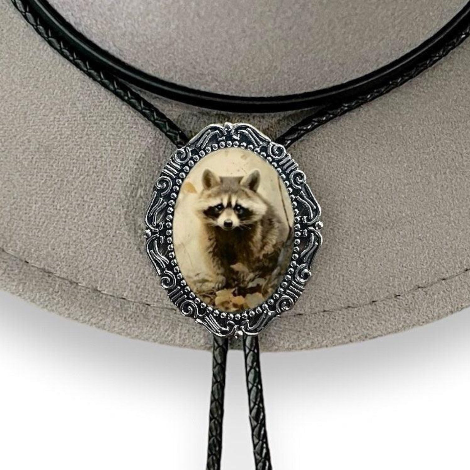 Silver Bolo Tie with Raccoon