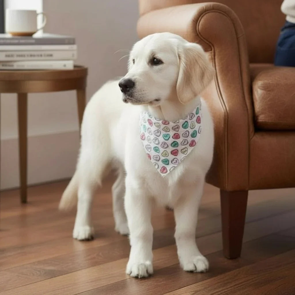 White dog wearing a Valentine’s Day dog bandana with convo hearts standing on a wooden floor in a living room.