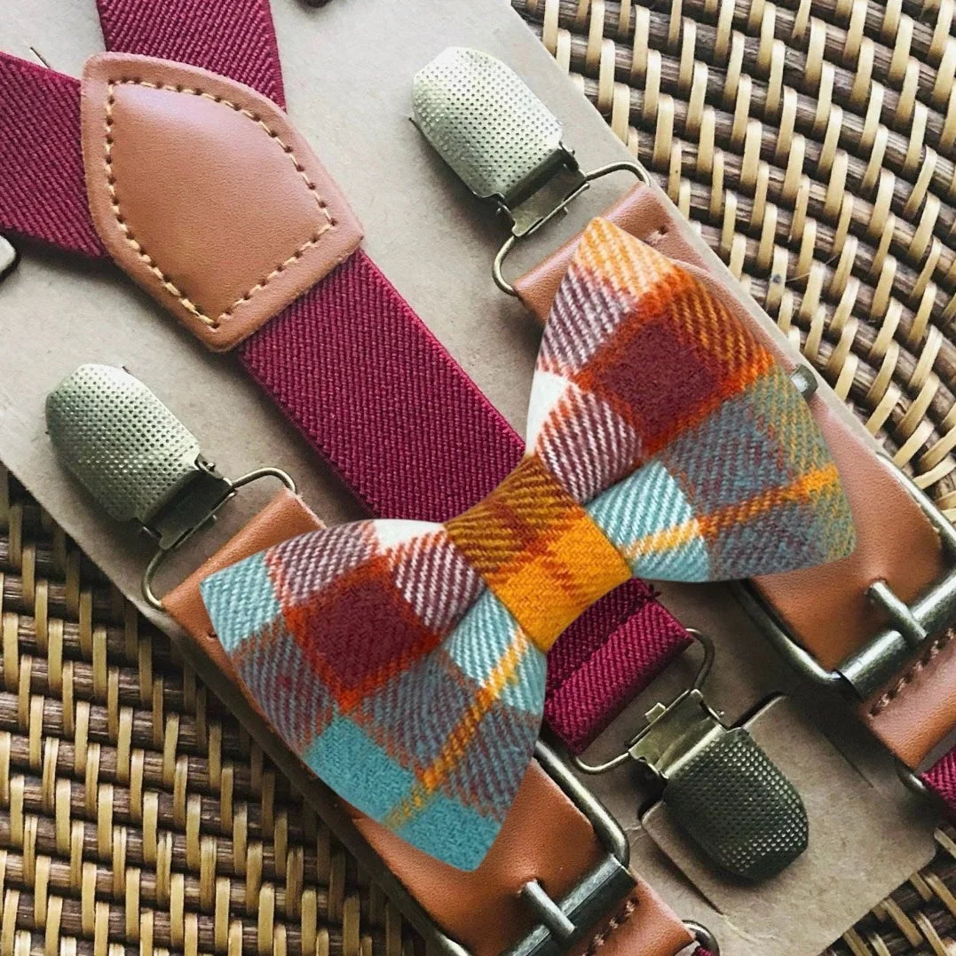 Burgundy plaid bow tie in orange blue and white.