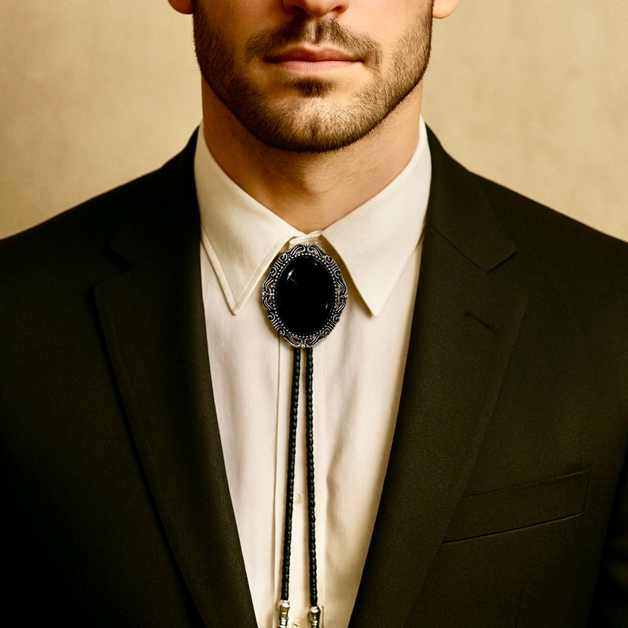 Man wearing a black bolo tie with a plain background