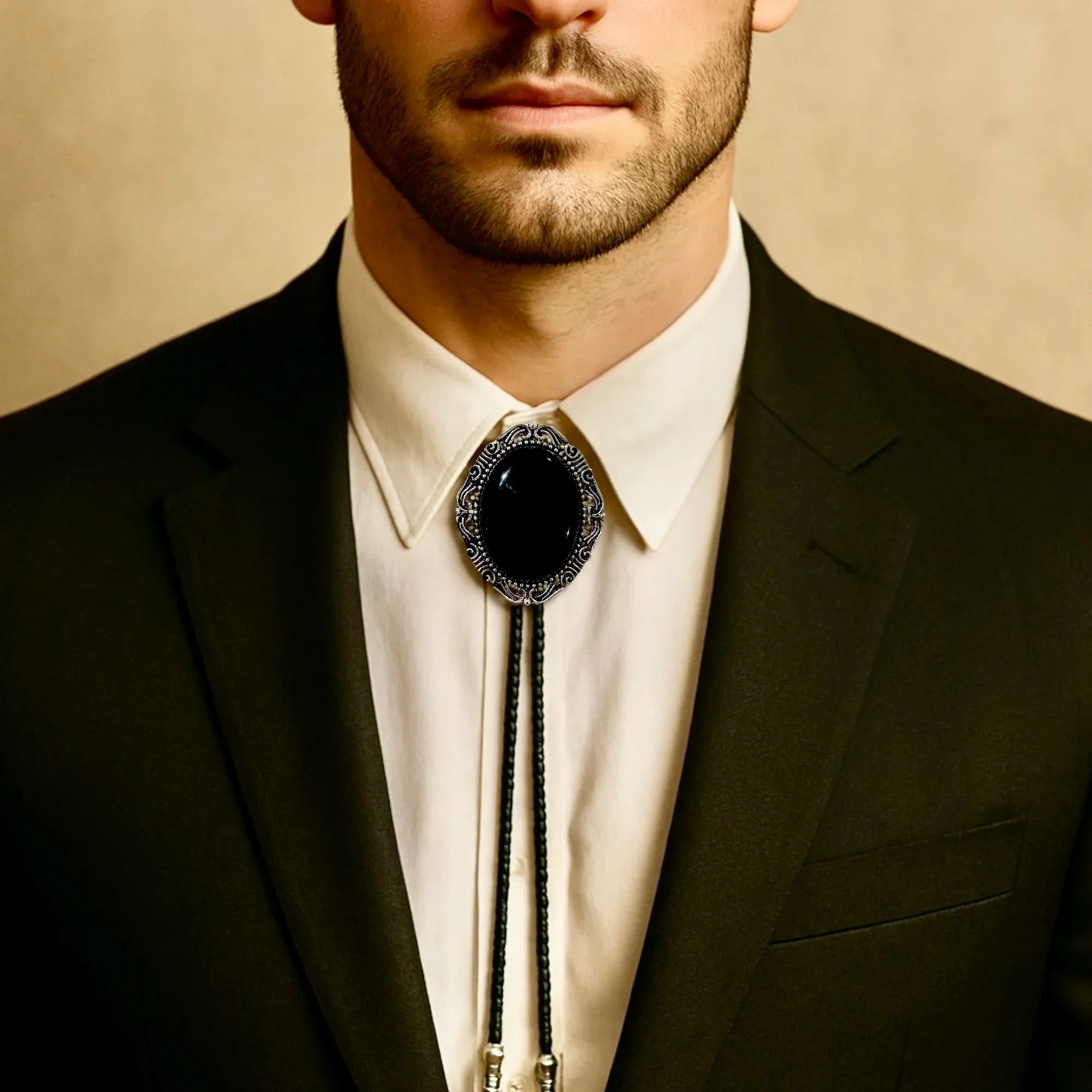 Man wearing a black bolo tie with a plain background