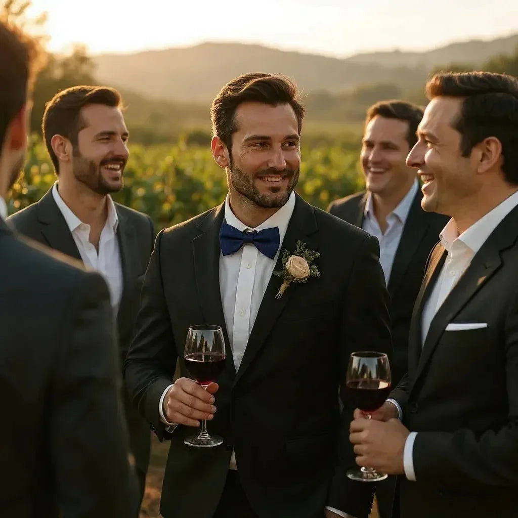 Groomsmen in suits and navy bow ties with wine glasses in a scenic outdoor setting