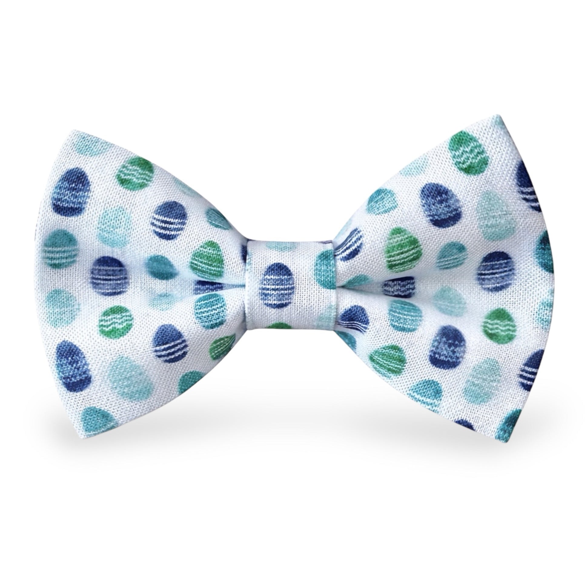 Easter Bow tie with blue and green Easter eggs pattern on a white background