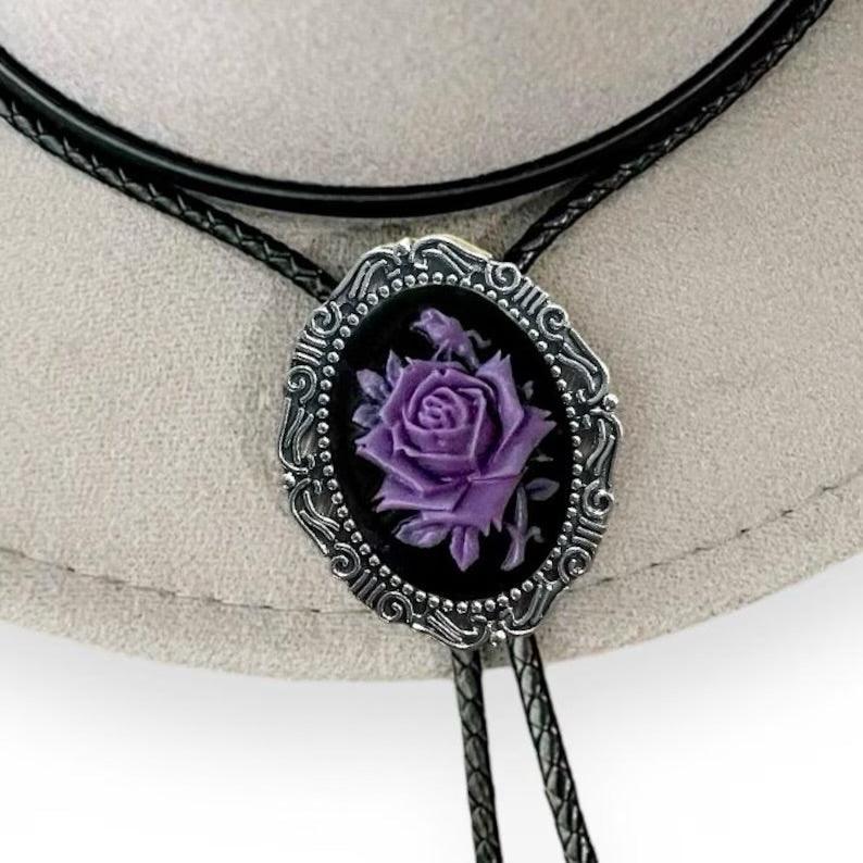 Bolo Tie- Black & Purple Rose on silver bezel with black leather cord.