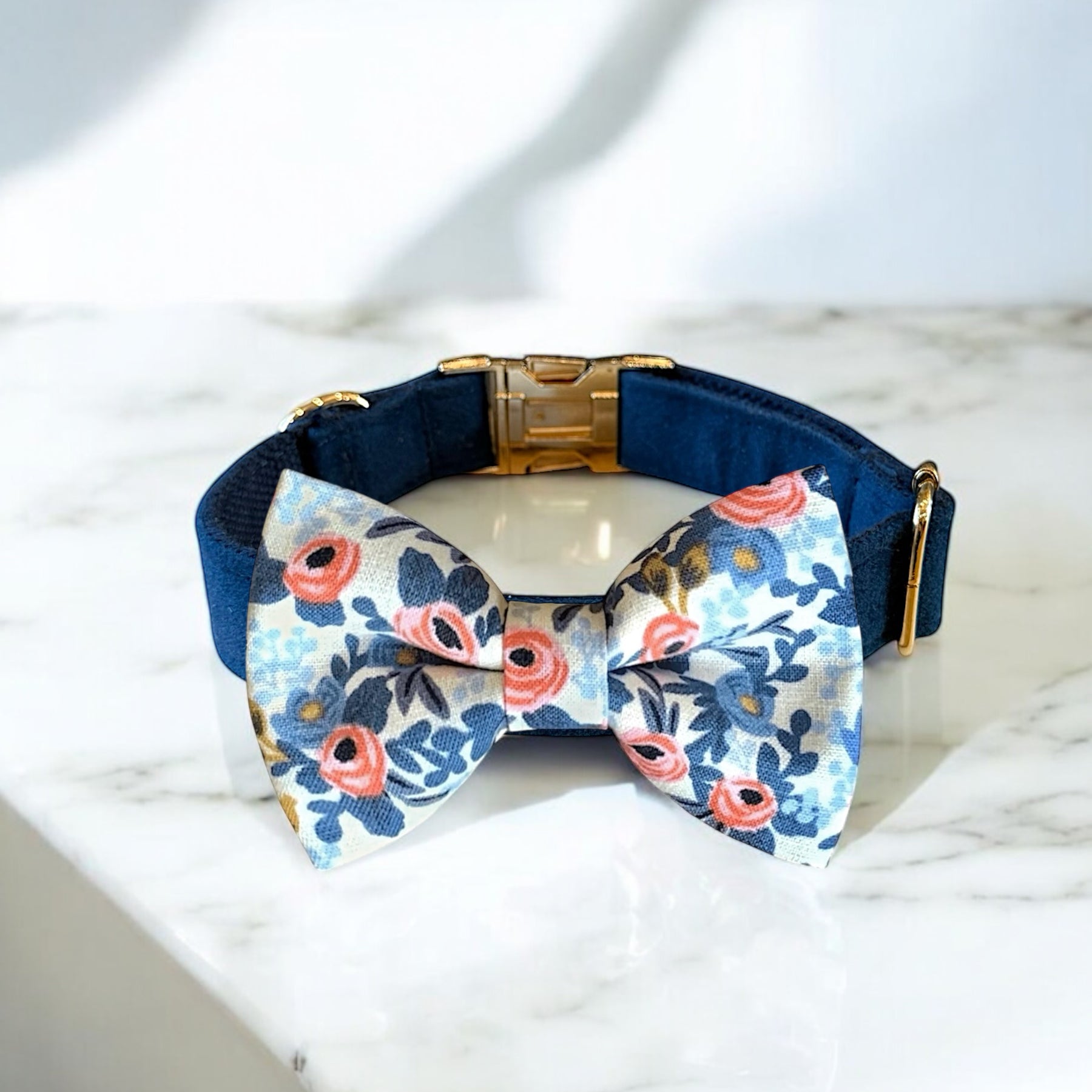 Rifle Paper Co Fabric White Floral Bow Tie Navy Dog Collar- perfect for wedding dog collar