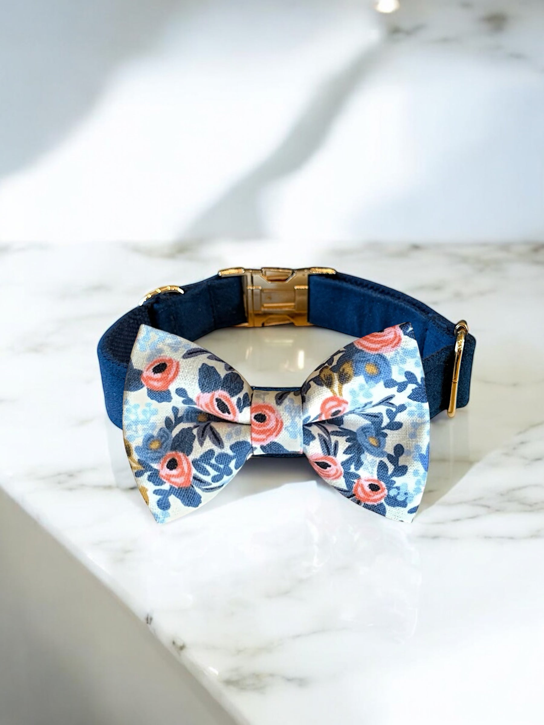Rifle Paper Co Fabric White Floral Bow Tie Navy Dog Collar- perfect for wedding dog collar