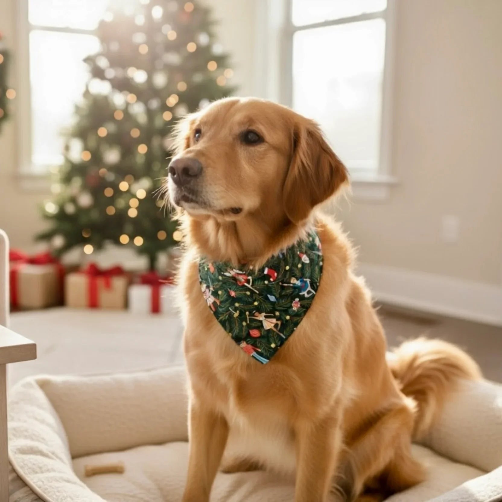 Close up of a dog wearing a Rifle Paper Co Nutcracker dog bandana with Christmas tree background