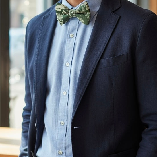 Olive floral bow tie for groomsmen being worn by a groomsman in a wedding.
