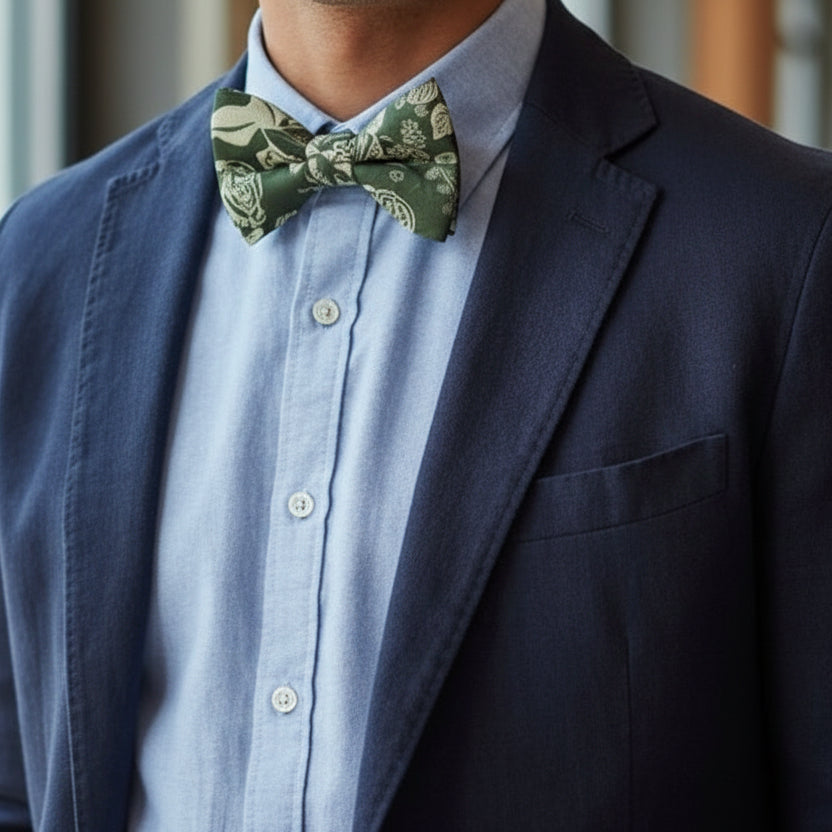 Olive floral bow tie for groomsmen being worn by a groomsman in a wedding.