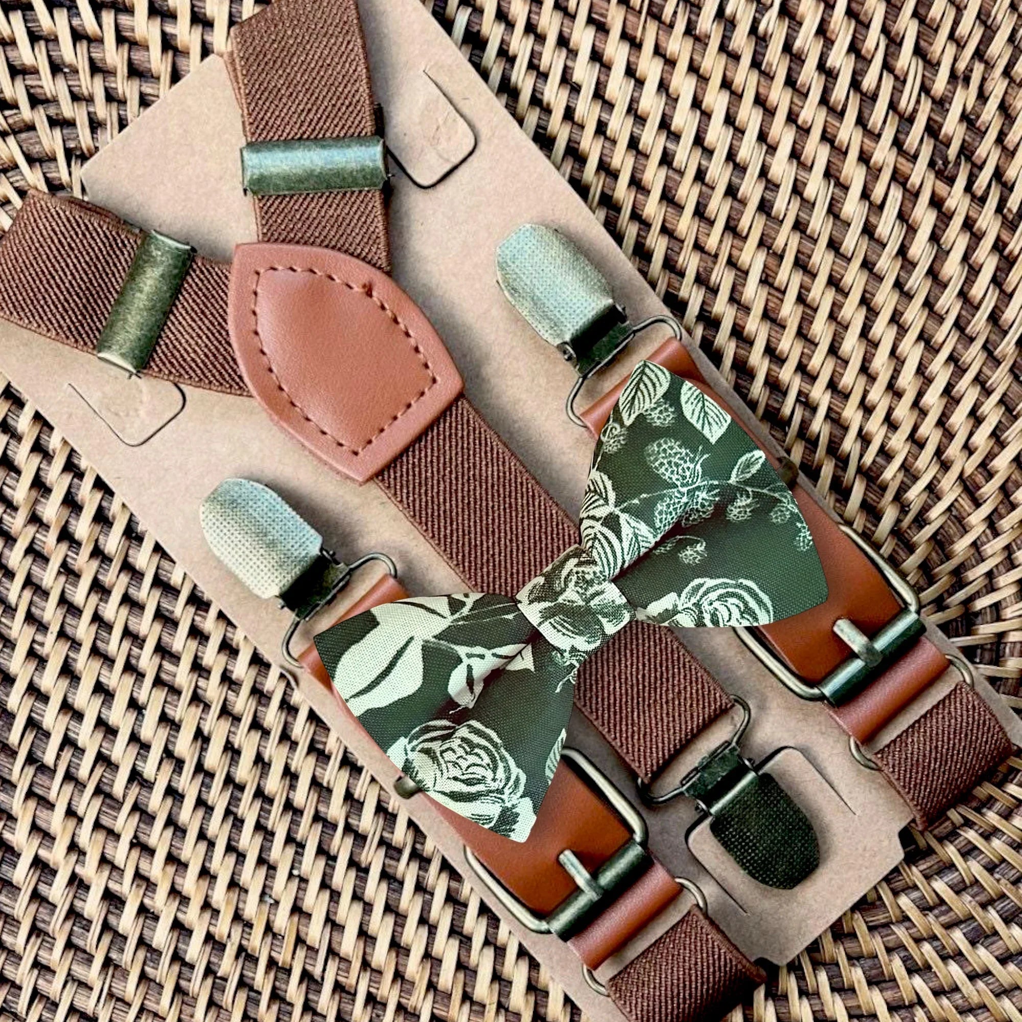 Olive green bow tie and suspenders