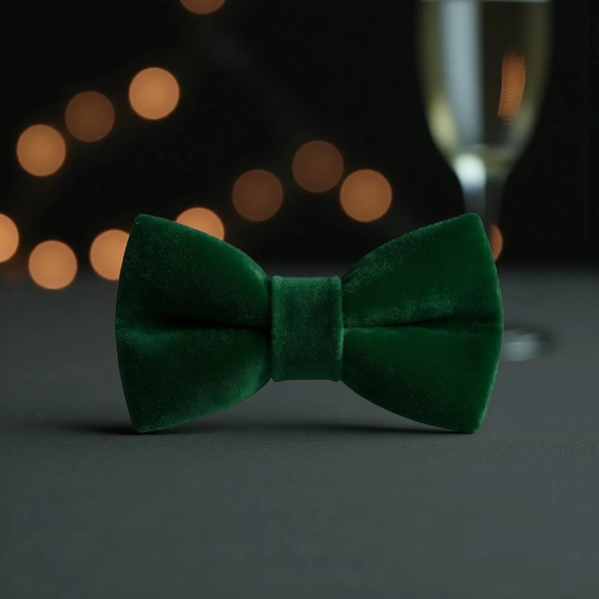 Velvet bow tie in green on a table with lights behind it.