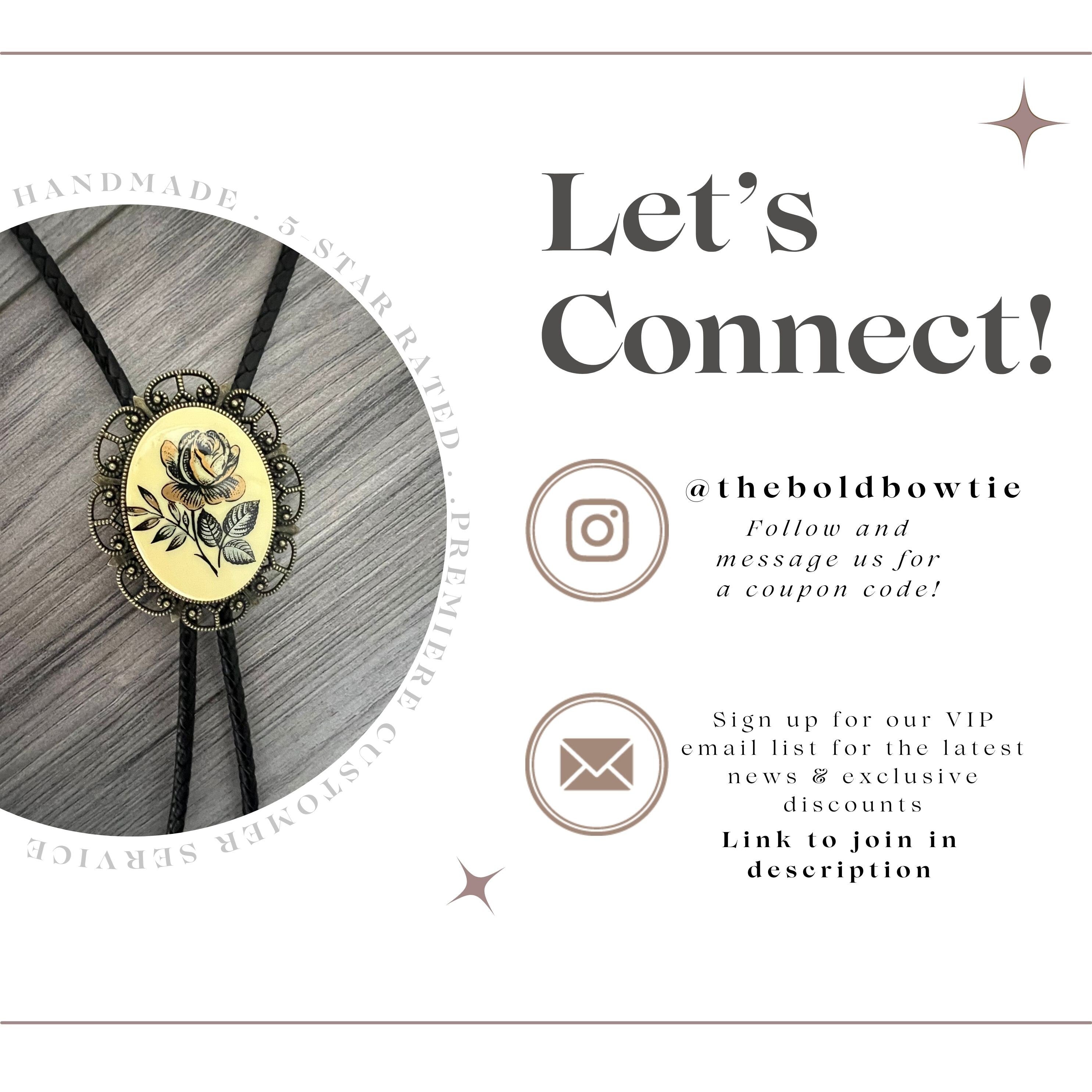 Bolo tie with rose design and promotional text for 'theboldbowtie' on a white background