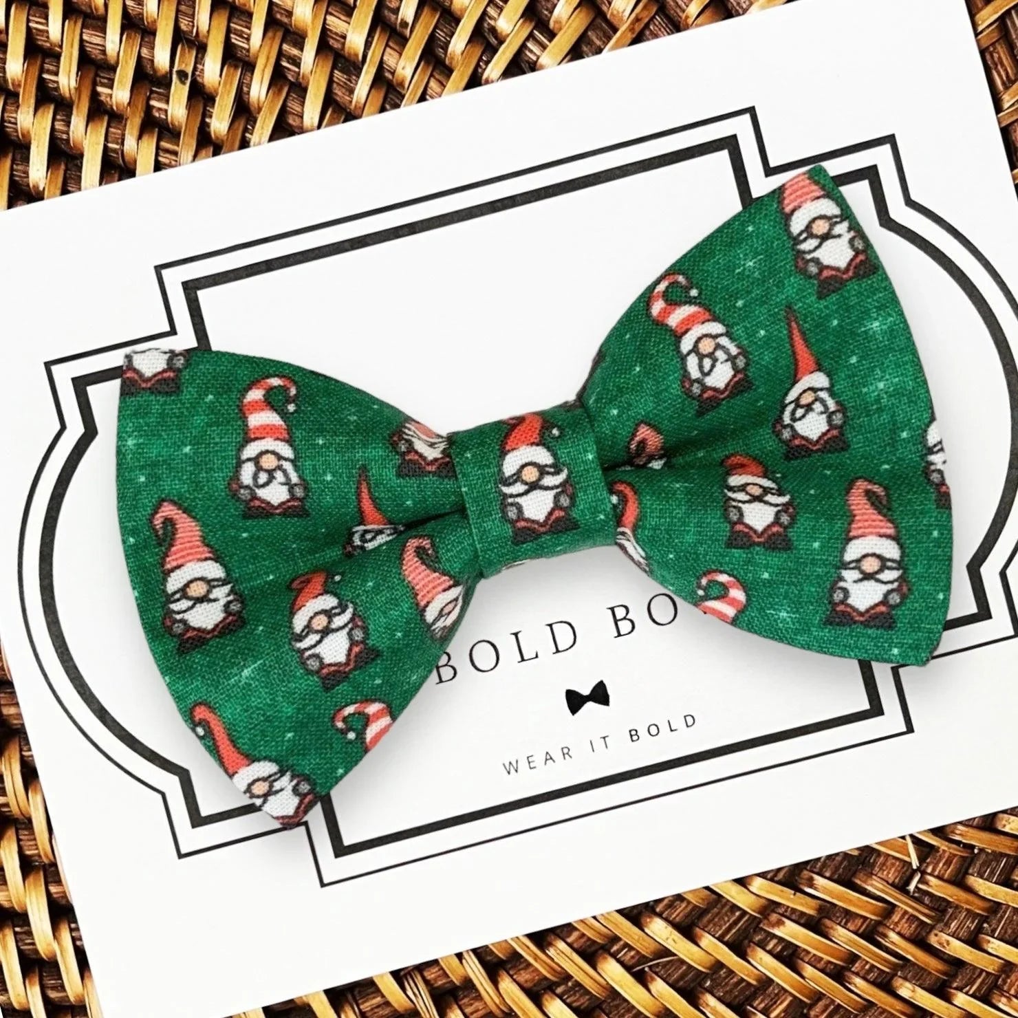 Gnome green dog bowtie for Christmas.