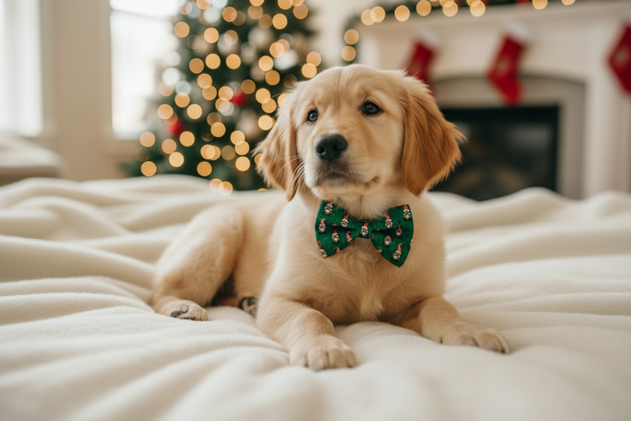 Puppy wearing a green gnome Christmas dog bow tie.