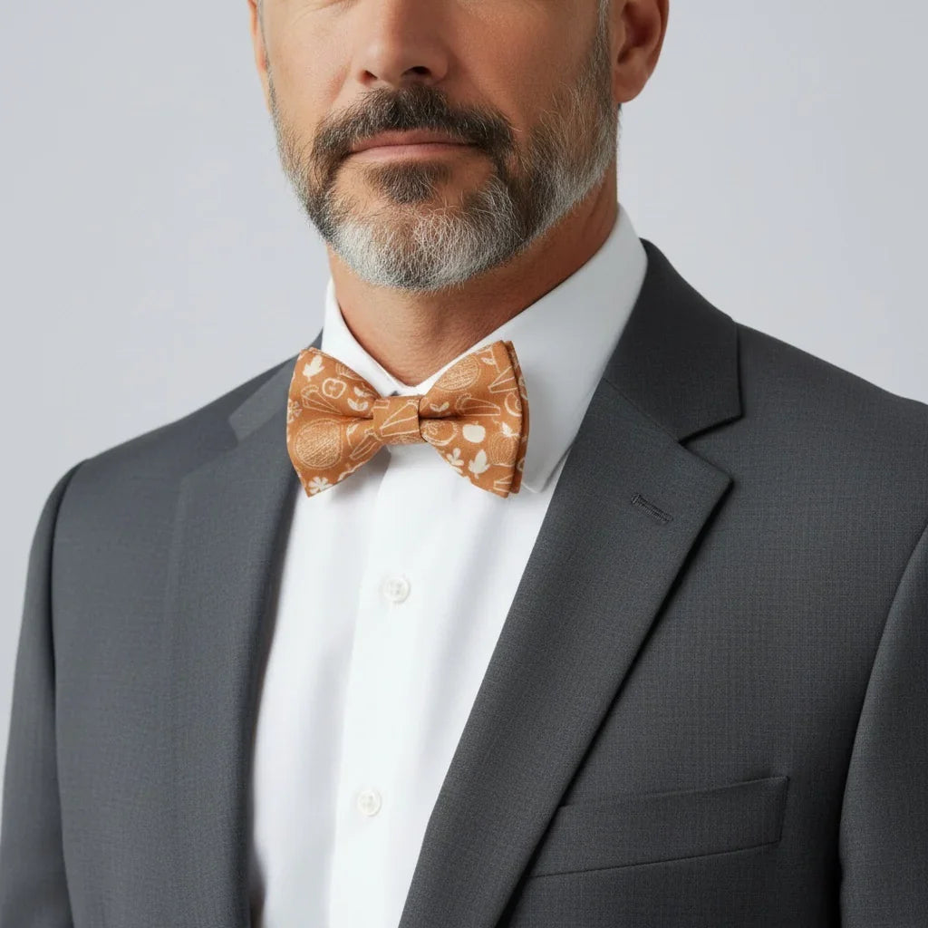 Autumn orange bow tie for men worn by a man in a suit.