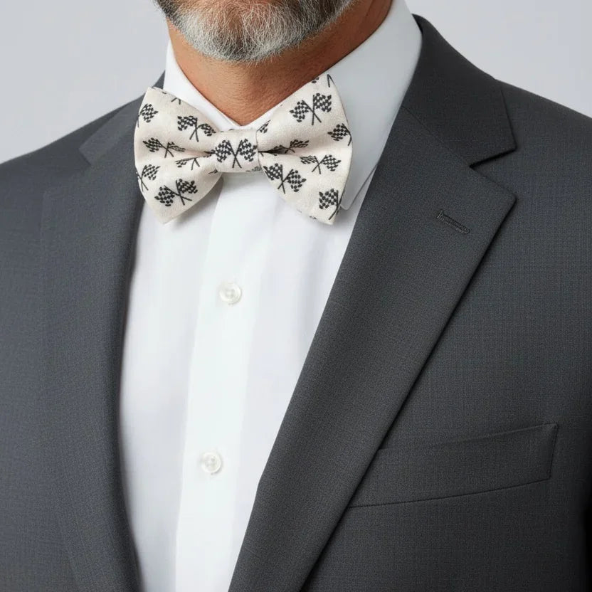 Racing Flag bowtie for men on a gentleman in a gray suit.