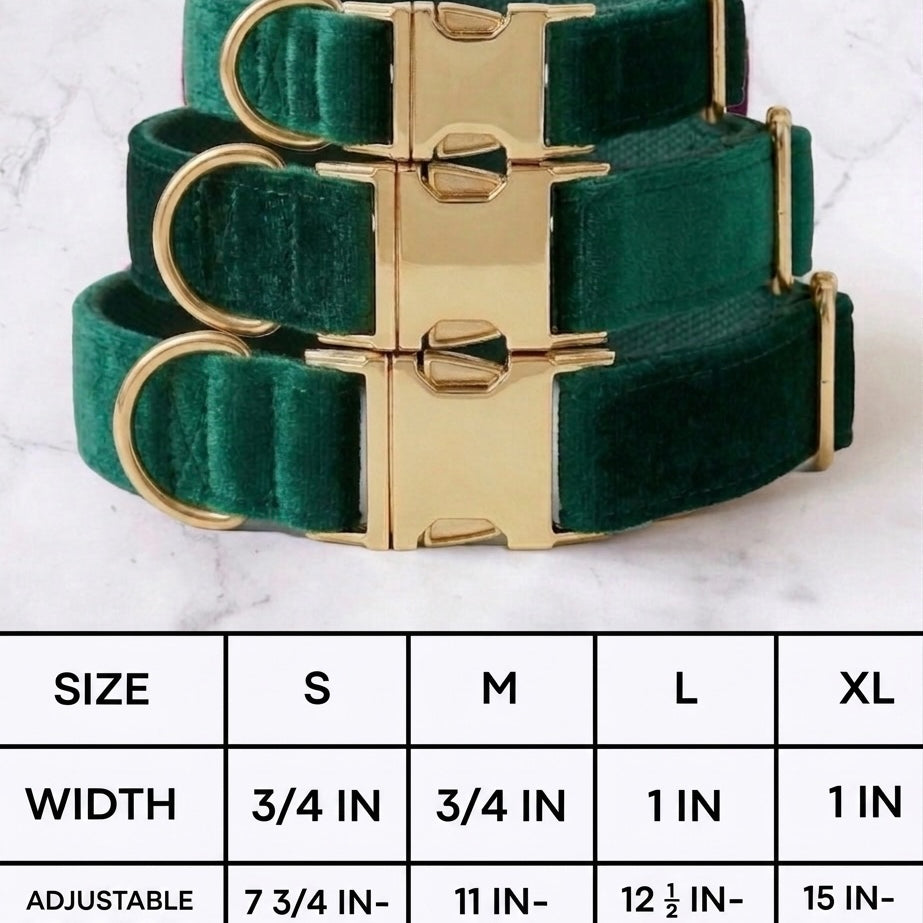 Velvet dog collars with gold buckle hardware arranged above a sizing chart. The chart details four sizes: Small has a width of 3/4 inch and an adjustable length of 7 3/4 to 11 3/4 inches. Medium has a width of 3/4 inch and an adjustable length of 11 to 18 3/4 inches. Large has a width of 1 inch and an adjustable length of 12 1/2 to 21 1/2 inches. Extra Large has a width of 1 inch and an adjustable length of 15 to 23 1/2 inches