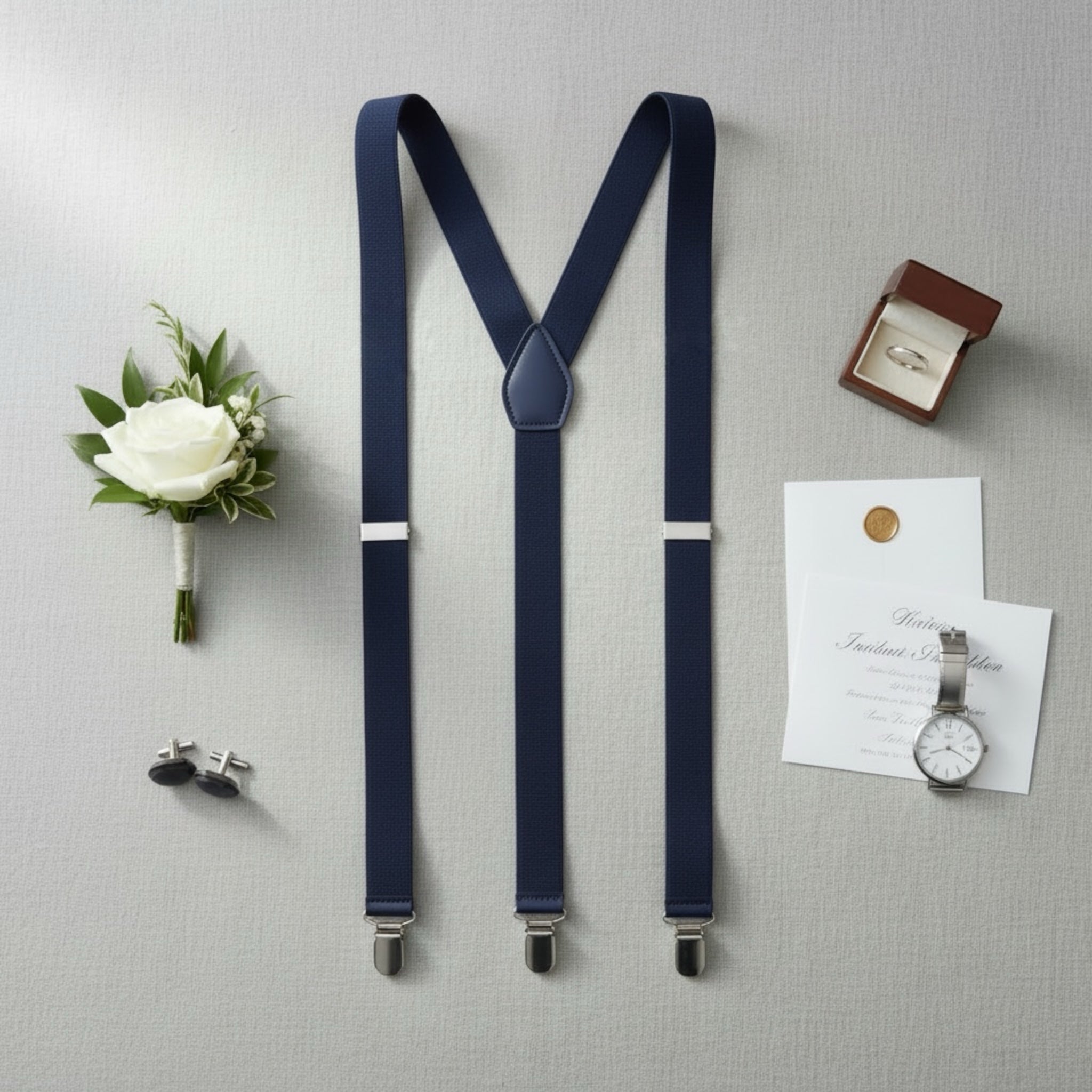 Navy blue suspenders for a wedding on a gray surface with a white rose, ring box, and watch.