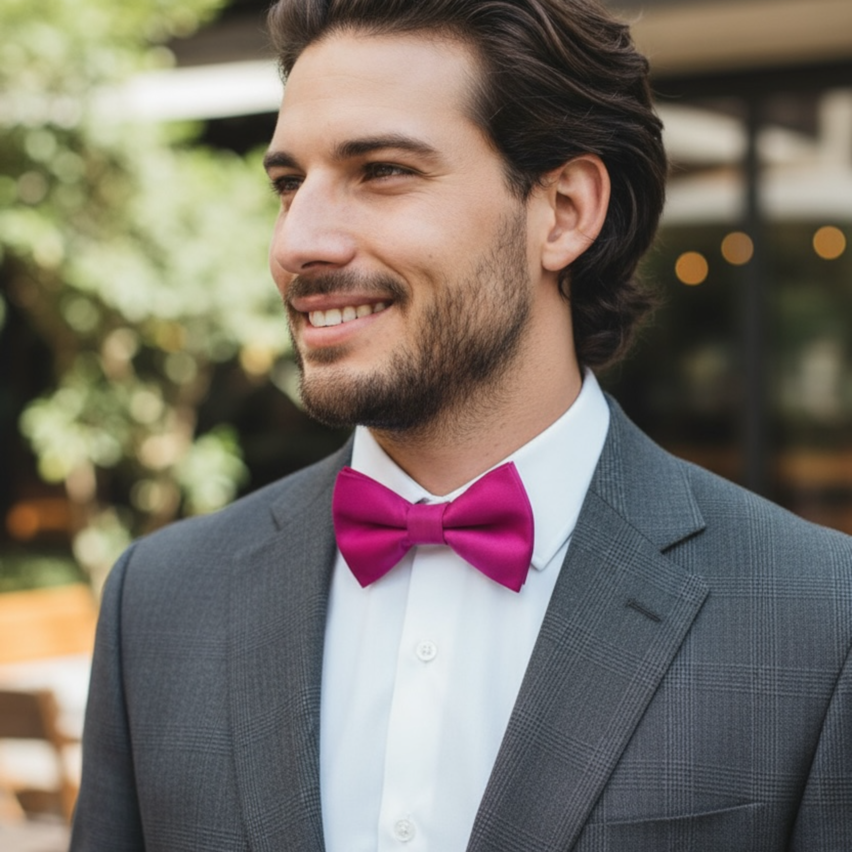 Groomsman preparing for a wedding in a fuchsia bow tie