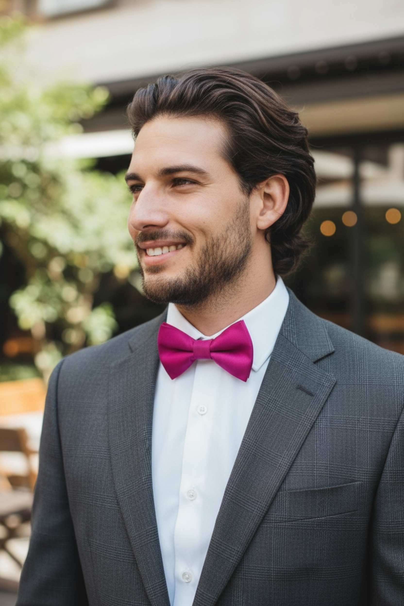 Groomsman preparing for a wedding in a fuchsia bow tie