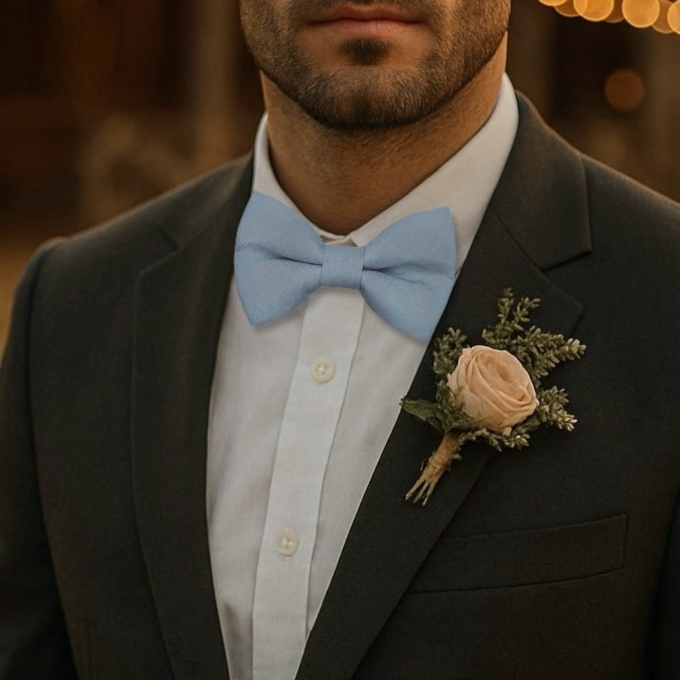 Man wearing a dark suit with a light dusty blue bow tie and a boutonniere, against a blurred background.