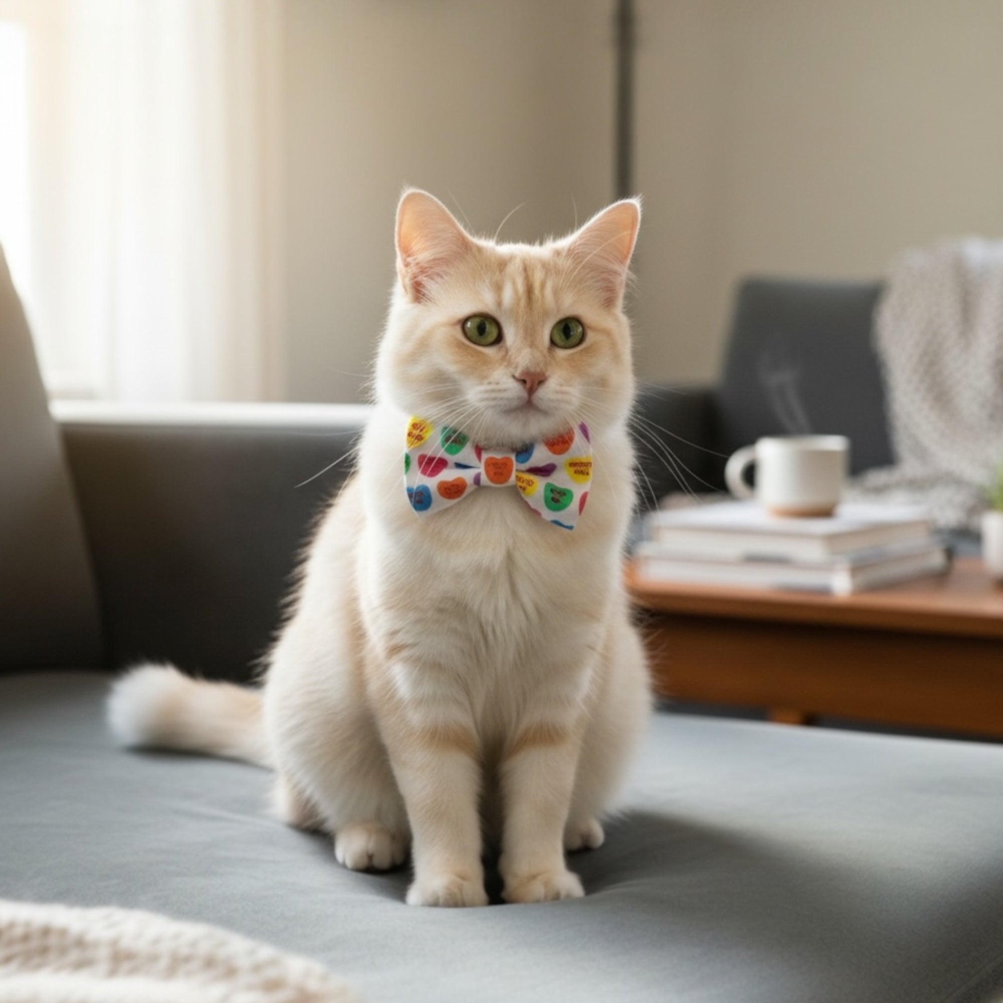 Cat wearing a Valentines Day cat bow tie sitting on a couch in a cozy living room.