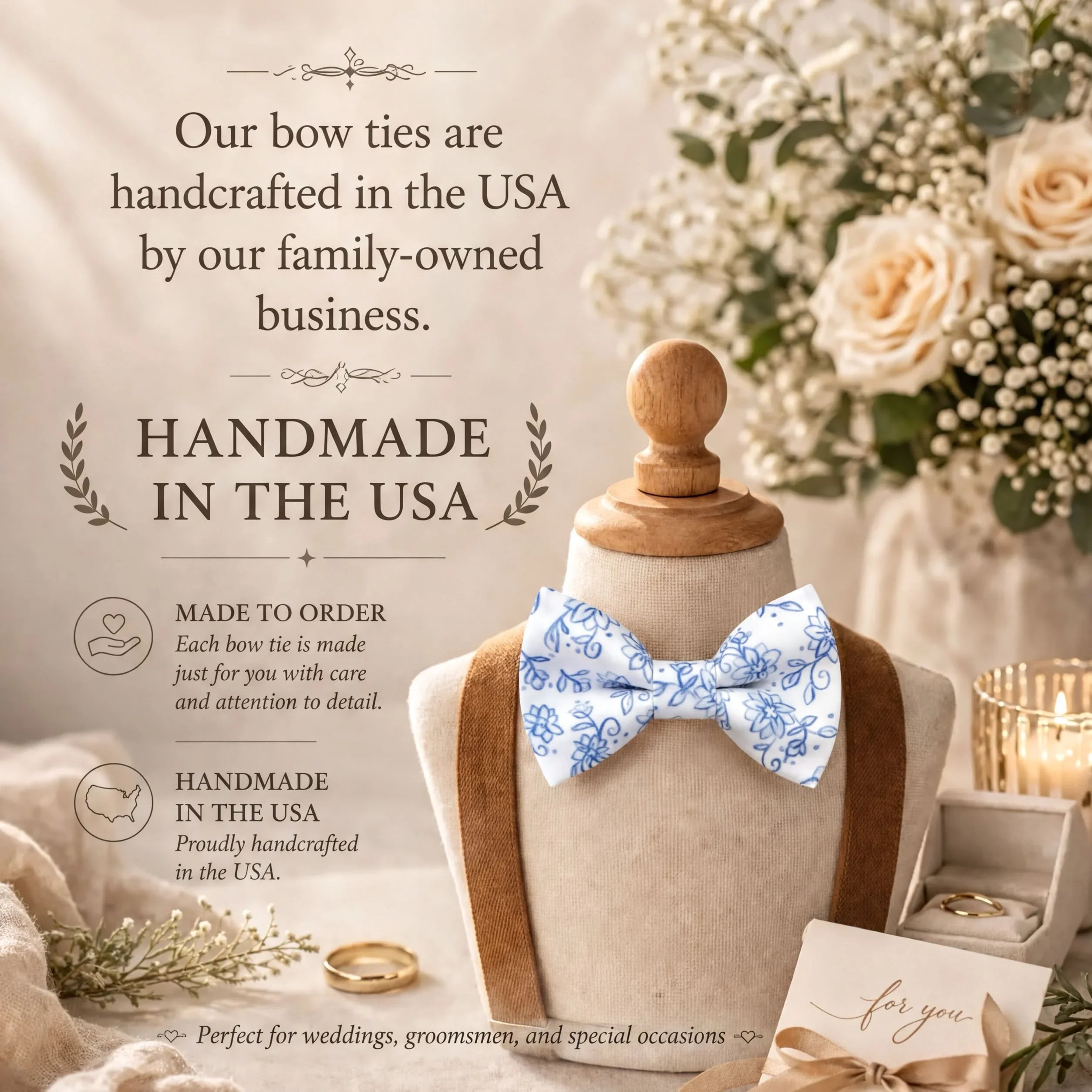 The image is an advertisement for handmade bow ties, featuring a mannequin wearing a blue and white floral bow tie, surrounded by wedding decorations and flowers.