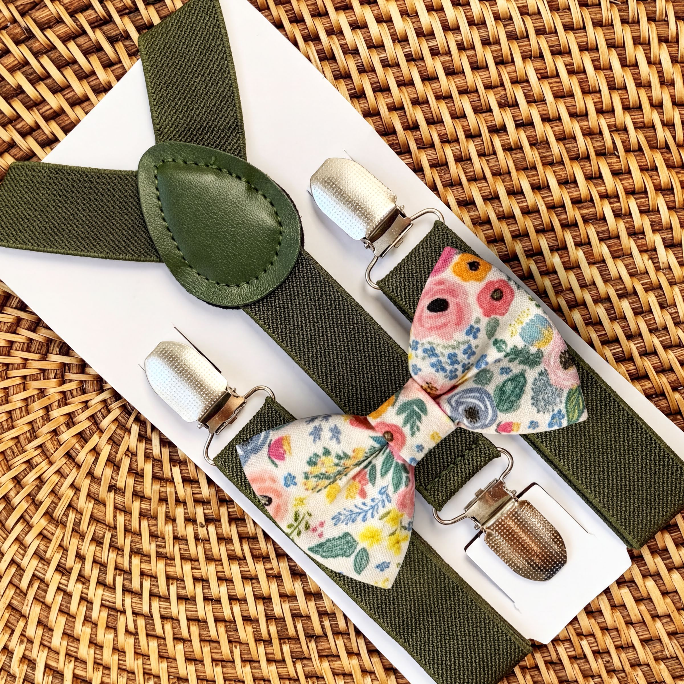 Floral Bow Tie & Olive Green Suspenders