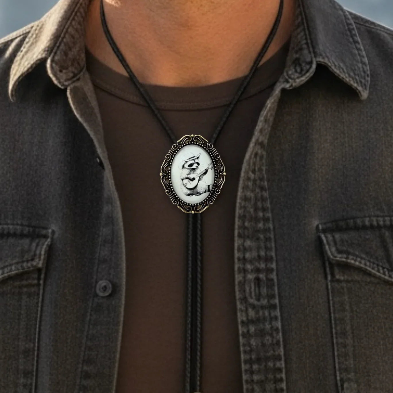 Raccoon playing Mandolin Bolo tie for men groomsmen and wedding.