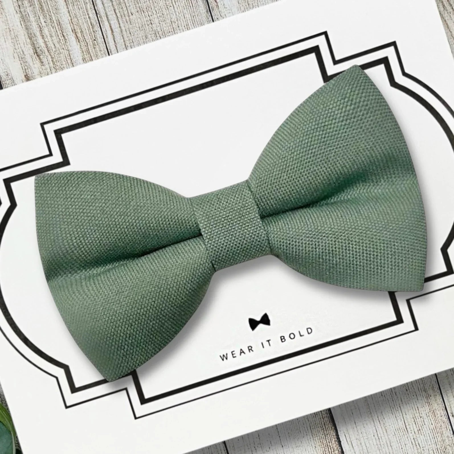 Sage green wedding dog bow tie on collar — ring bearer dog bow tie in sage cotton, pet bow tie for dogs by The Bold Bow Tie, handmade wedding pet accessory.