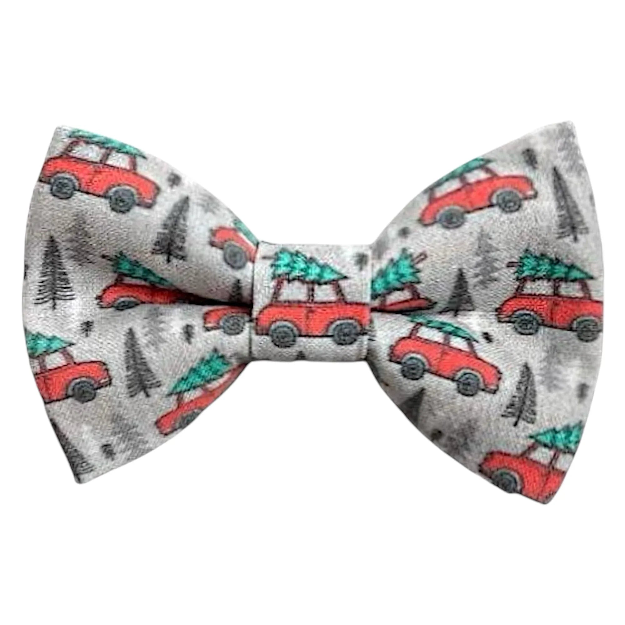 Christmas Bow tie with red car and Christmas tree pattern on a gray background