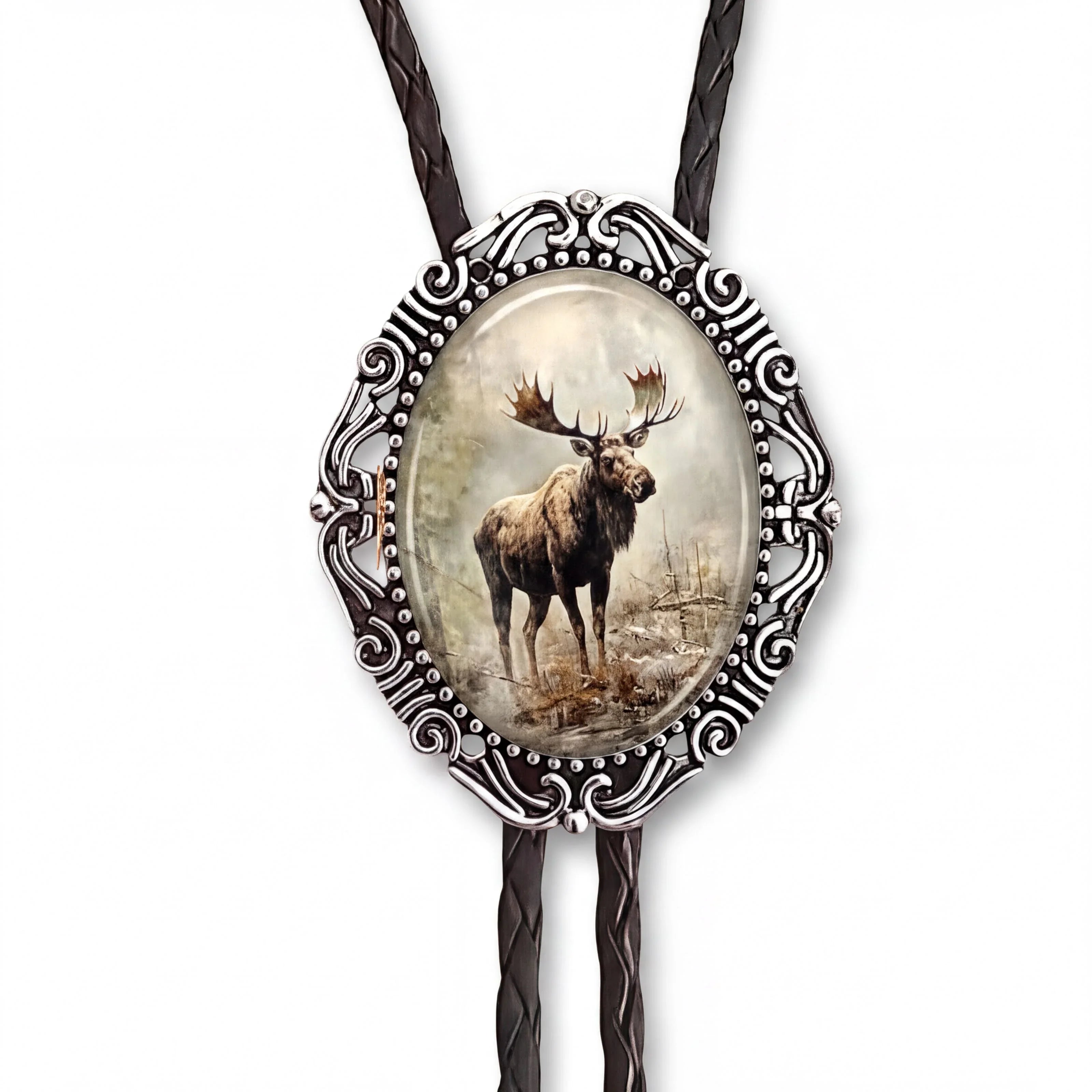 A silver-colored bowing pin with an oval-shaped frame featuring a moose image.