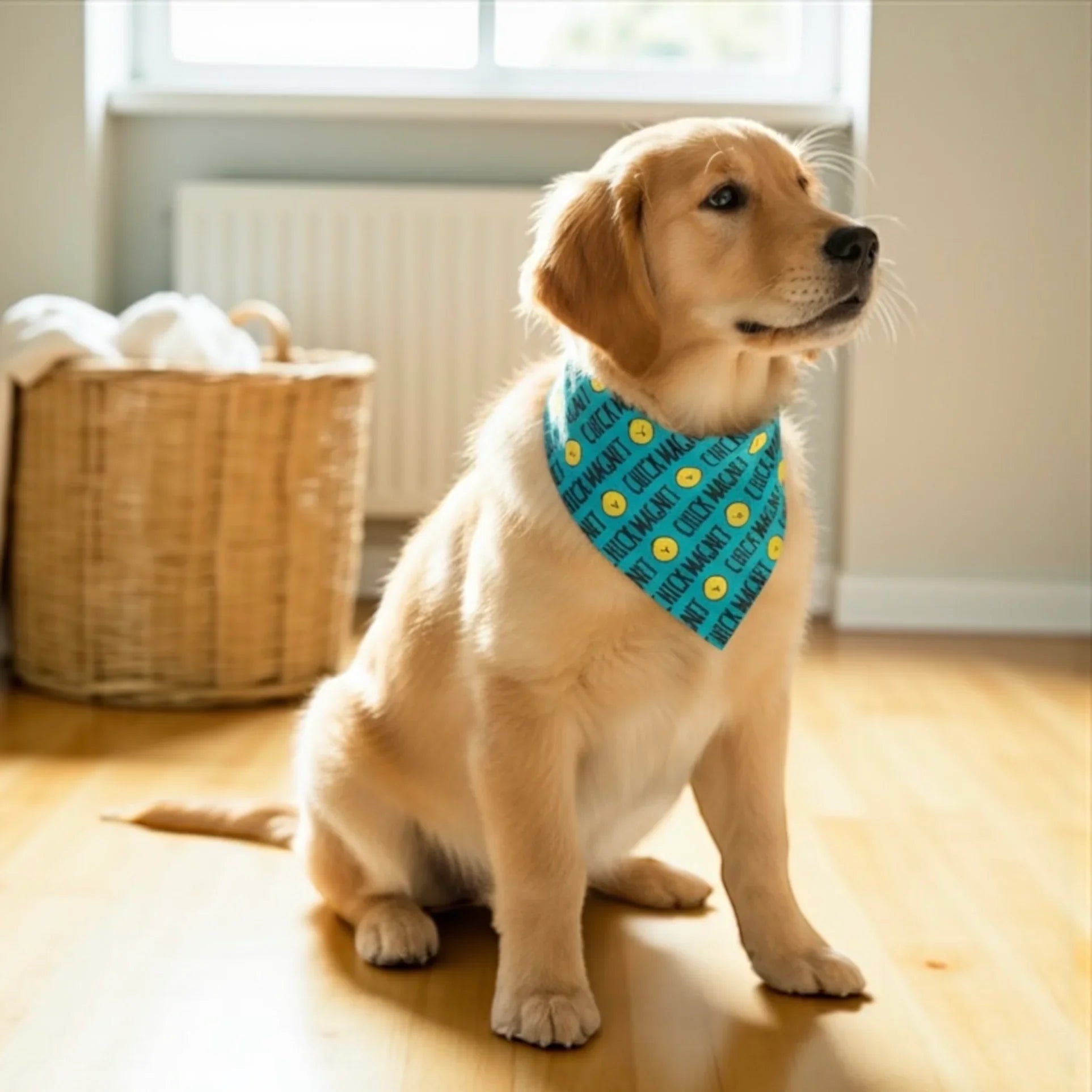 Dog bandana with "Chick Magnet" on it in blue and white, worn by a puppy.