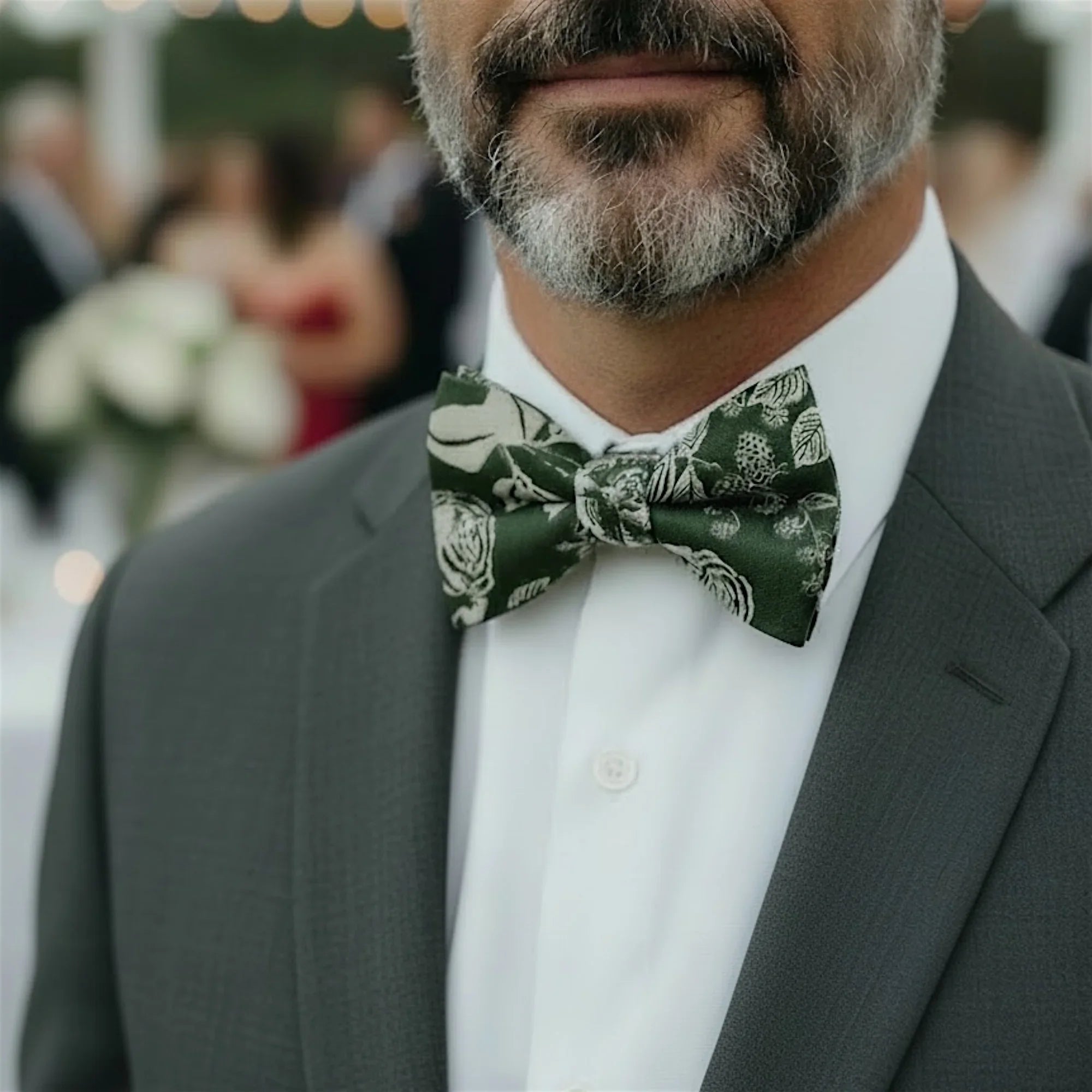 Size chart for pre-tied bow ties from The Bold Bow Tie detailing measurements across three sizes. Small is 3.5 inches wide and recommended for ages 6 months to 5 years. Medium is 4 inches wide and recommended for ages 6 to 12 years. Large is 4.5 inches wide and recommended for ages 13 years and up. Visual icons illustrate the relative sizes with horizontal arrows showing that width is measured from wingtip to wingtip. Bottom text notes that all bow ties are pre-tied and ready to add to your outfit.