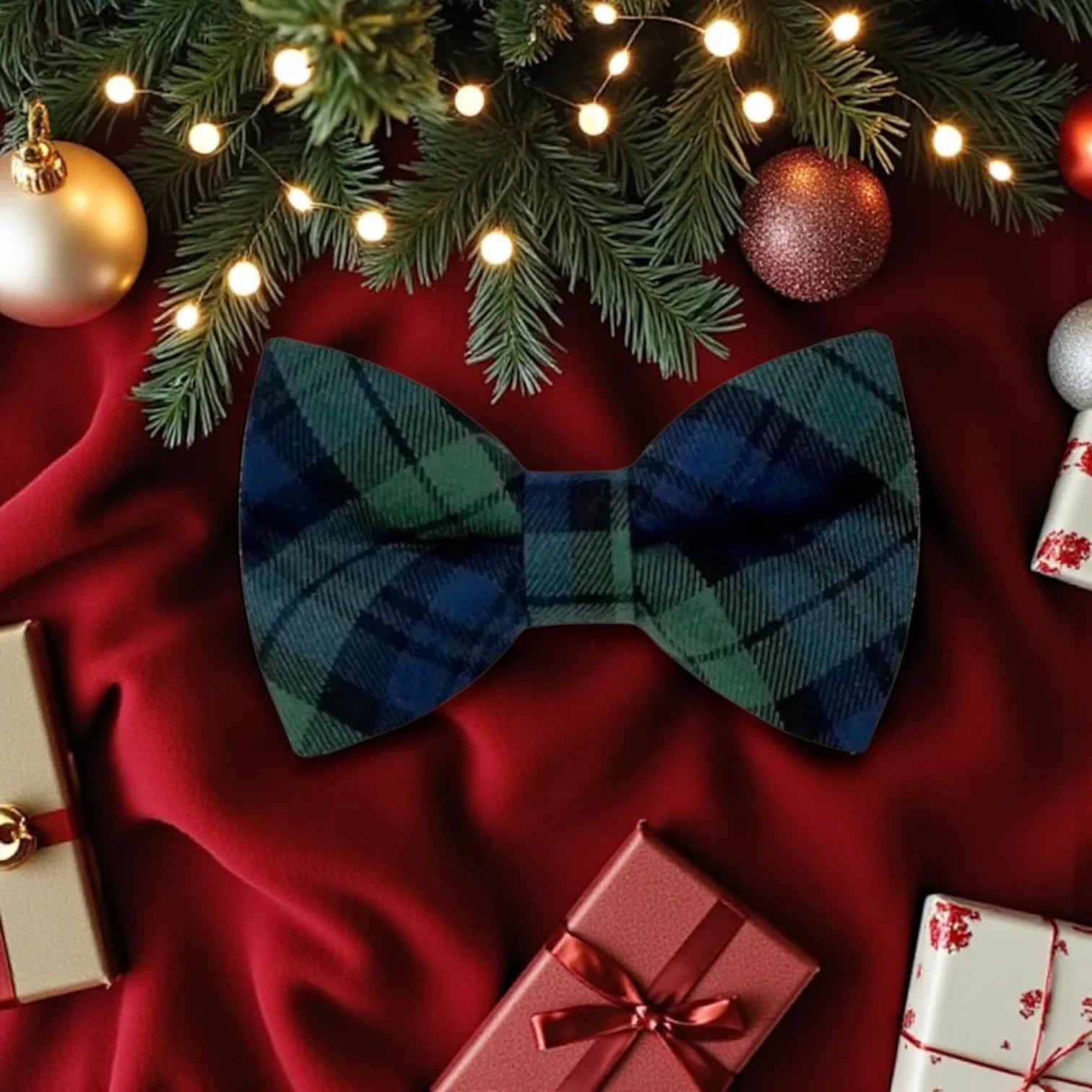 Plaid bow tie in navy and green.