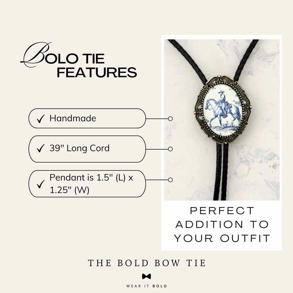 The image is a collage of two images. The first image shows a pendant with a horse and rider, and the second image shows a handcrafted Bolo Tie with a long cord. The text in the image provides details about the Bolo Tie features, such as its handmade nature, the 39-inch long cord, and the pendant being 1.5" (L) x 1.25" (W). The text also describes the perfect addition to one's outfit, emphasizing that the Bolo Tie is a bold and stylish accessory.