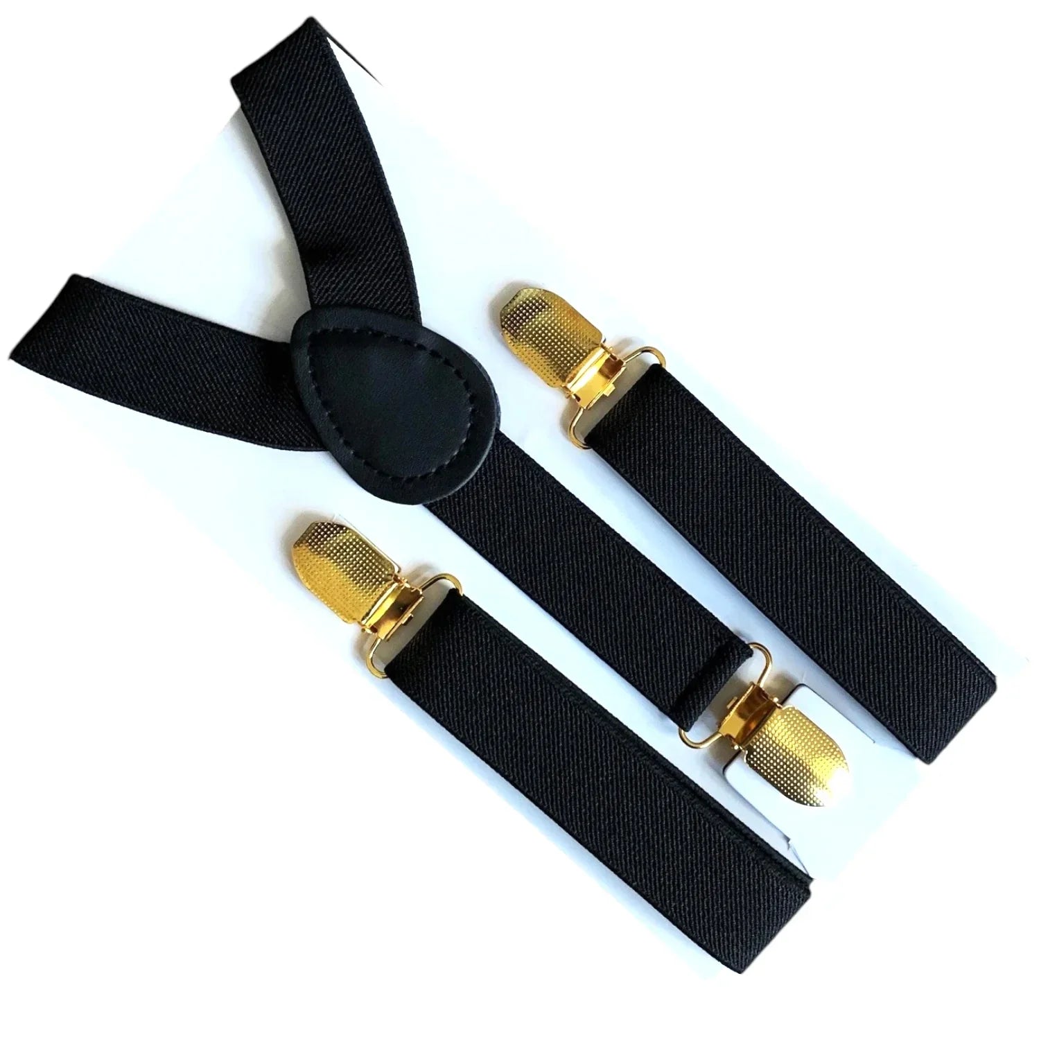 Black suspenders with gold clips and a black leather patch on a white background.