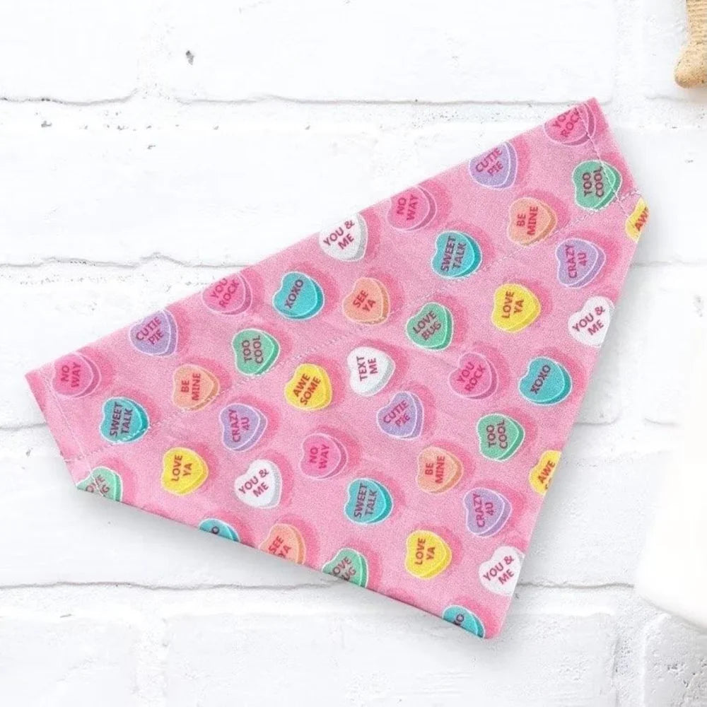 Pink Conversation Heart Dog Bandana for Valentine’s Day That slides on a dog collar.