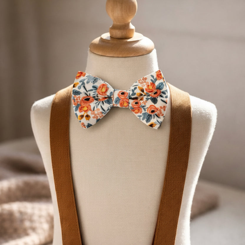 Peach Floral Bow Tie- Rifle Paper Co Garden Party Fabric For wedding accessories, groomsmen ties and ring bearer outfits.