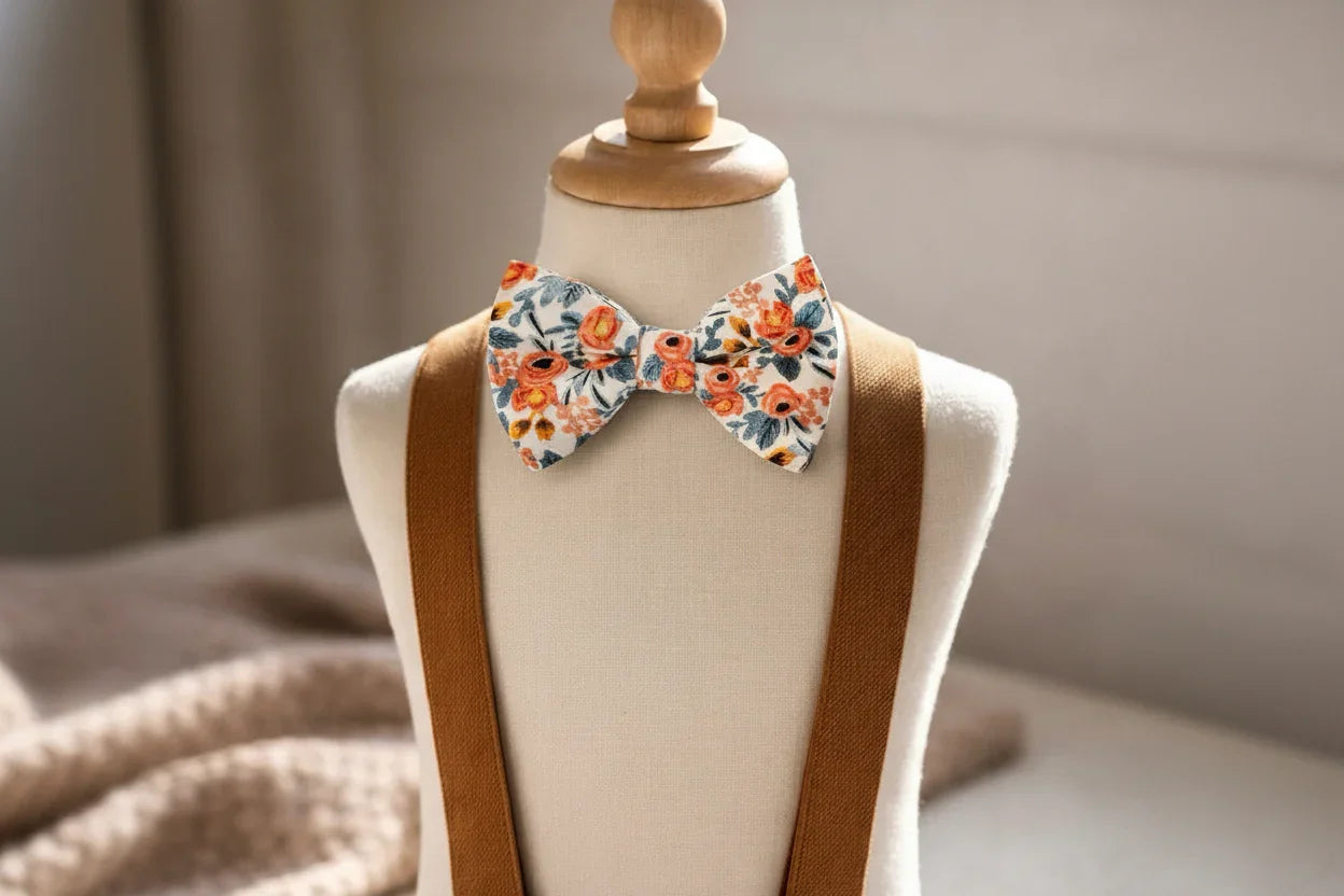 Size chart for pre-tied bow ties from The Bold Bow Tie detailing measurements across three sizes. Small is 3.5 inches wide and recommended for ages 6 months to 5 years. Medium is 4 inches wide and recommended for ages 6 to 12 years. Large is 4.5 inches wide and recommended for ages 13 years and up. Visual icons illustrate the relative sizes with horizontal arrows showing that width is measured from wingtip to wingtip. Bottom text notes that all bow ties are pre-tied and ready to add to your outfit.