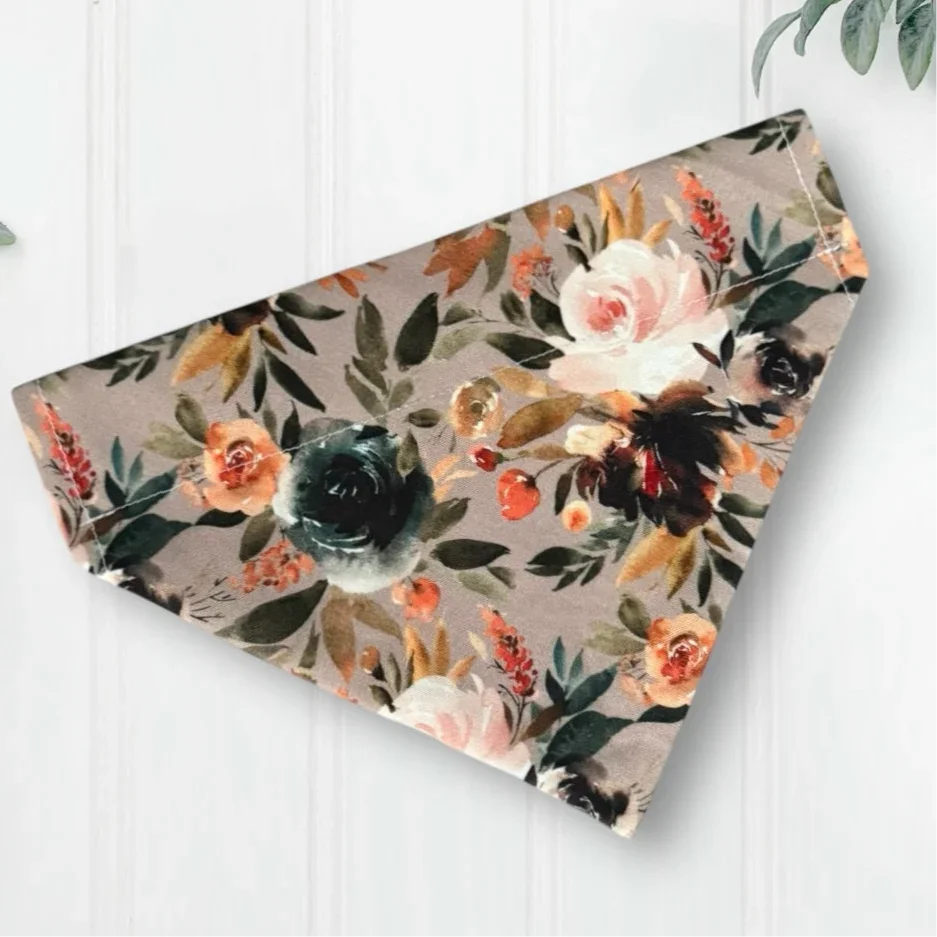 Floral dog bandana- brown and taupe- Autumn fall bandana for dog wedding collar accessory.