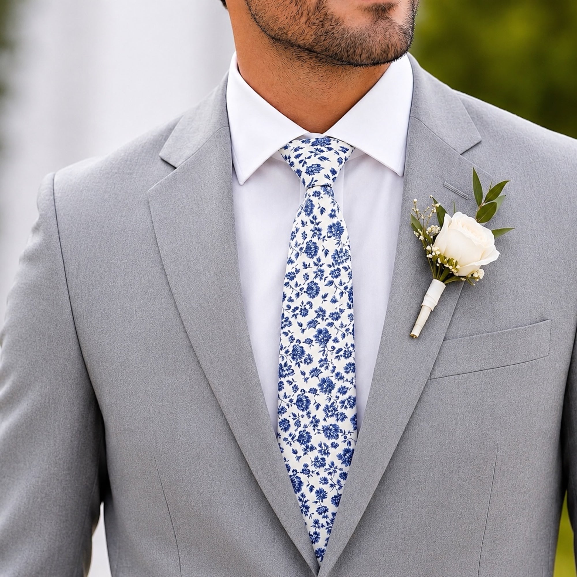 Groomsman in a blue floral tie and gray suit.